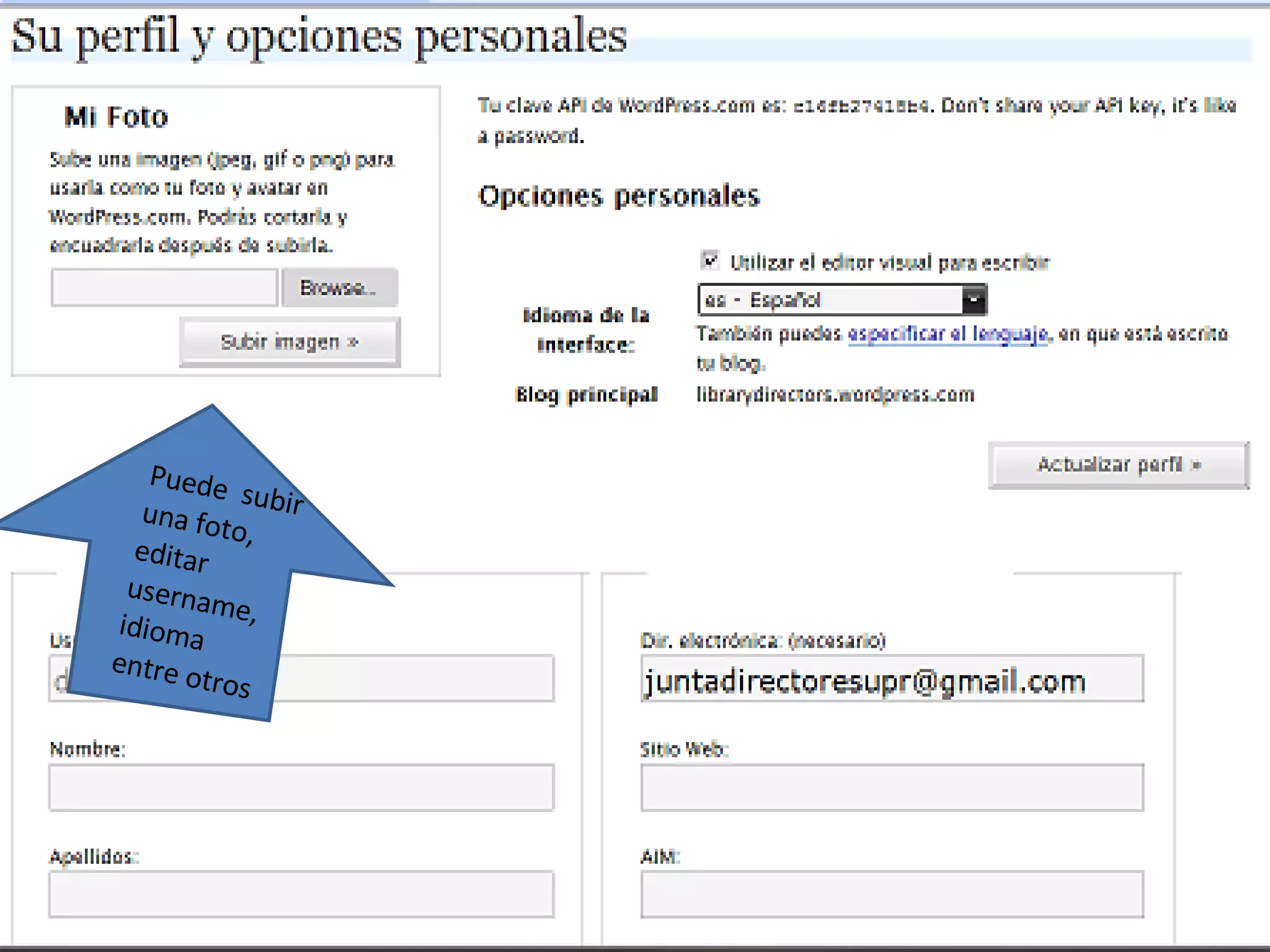 Puede  subir una foto, editar username, idioma entre otros 