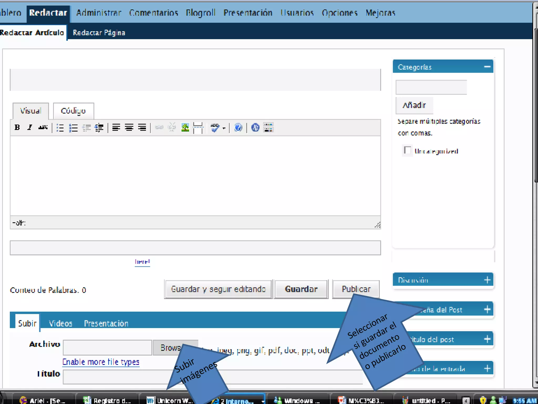 Subir imágenes Seleccionar si guardar el documento o publicarlo 