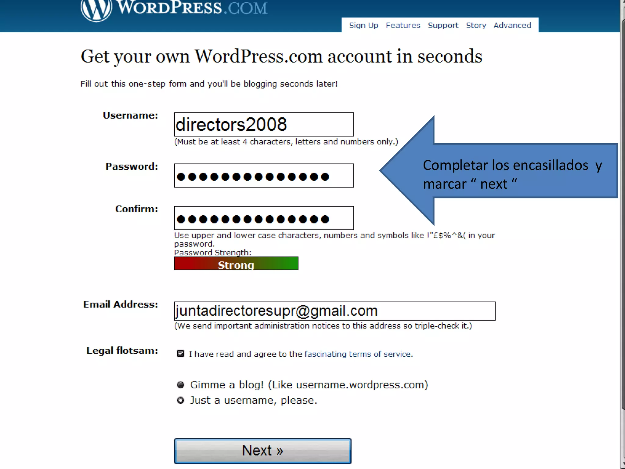 Completar los encasillados  y marcar “ next “  