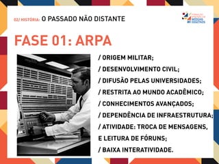 02/ HISTÓRIA:   O PASSADO NÃO DISTANTE


FASE 02: MODEM
                              / POPULARIZAÇÃO DOS PC’s;
                              / REDE DESCENTRALIZADA;
                              / ACESSO DOMESTICAMENTE;
                              / CUSTO POR MINUTO/TELEFONE;
                              / CONHECIMENTOS MEDIANOS;
                              / NAVEGAÇÃO WWW;
                              / TROCA DE MENSAGENS, ÁUDIO;
                              / BAIXA INTERATIVIDADE.
 