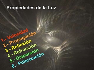 Propiedades de la Luz 1.- Velocidad 2.- Propagación 3.- Reflexión 4.- Refracción 5.- Dispersión 6.- Polarización 