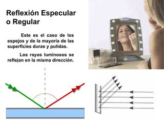 Reflexión Especular o Regular Este es el caso de los espejos y de la mayoría de las superficies duras y pulidas. Los rayos luminosos se reflejan en la misma dirección. 