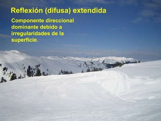 Reflexión (difusa) extendida Componente direccional dominante debido a irregularidades de la superficie. 