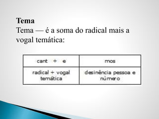 Tema
Tema — é a soma do radical mais a
vogal temática:
 