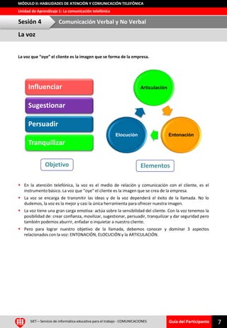 Guía del Participante
Unidad de Aprendizaje 1: La comunicación telefónica
MÓDULO II: HABILIDADES DE ATENCIÓN Y COMUNICACIÓN TELEFÓNICA
SIET – Servicio de informática educativa para el trabajo - COMUNICACIONES 7
La voz que “oye” el cliente es la imagen que se forma de la empresa.
 En la atención telefónica, la voz es el medio de relación y comunicación con el cliente, es el
instrumento básico. La voz que “oye” el cliente es la imagen que se crea de la empresa.
 La voz se encarga de transmitir las ideas y de la voz dependerá el éxito de la llamada. No lo
dudemos, la voz es la mejor y casi la única herramienta para ofrecer nuestra imagen.
 La voz tiene una gran carga emotiva: actúa sobre la sensibilidad del cliente. Con la voz tenemos la
posibilidad de: crear confianza, movilizar, sugestionar, persuadir, tranquilizar y dar seguridad pero
también podemos aburrir, enfadar o inquietar a nuestro cliente.
 Pero para lograr nuestro objetivo de la llamada, debemos conocer y dominar 3 aspectos
relacionados con la voz: ENTONACIÓN, ELOCUCIÓN y la ARTICULACIÓN.
Elementos
Articulación
EntonaciónElocución
Objetivo
Influenciar
Sugestionar
Persuadir
Tranquilizar
La voz
Sesión 4 Comunicación Verbal y No Verbal
 