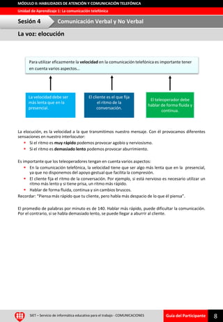 Guía del Participante
Unidad de Aprendizaje 1: La comunicación telefónica
MÓDULO II: HABILIDADES DE ATENCIÓN Y COMUNICACIÓN TELEFÓNICA
SIET – Servicio de informática educativa para el trabajo - COMUNICACIONES 8
La elocución, es la velocidad a la que transmitimos nuestro mensaje. Con él provocamos diferentes
sensaciones en nuestro interlocutor:
 Si el ritmo es muy rápido podemos provocar agobio y nerviosismo.
 Si el ritmo es demasiado lento podemos provocar aburrimiento.
Es importante que los teleoperadores tengan en cuenta varios aspectos:
 En la comunicación telefónica, la velocidad tiene que ser algo más lenta que en la presencial,
ya que no disponemos del apoyo gestual que facilita la compresión.
 El cliente fija el ritmo de la conversación. Por ejemplo, si está nervioso es necesario utilizar un
ritmo más lento y si tiene prisa, un ritmo más rápido.
 Hablar de forma fluida, continua y sin cambios bruscos.
Recordar: “Piensa más rápido que tu cliente, pero habla más despacio de lo que él piensa”.
El promedio de palabras por minuto es de 140. Hablar más rápido, puede dificultar la comunicación.
Por el contrario, si se habla demasiado lento, se puede llegar a aburrir al cliente.
Para utilizar eficazmente la velocidad en la comunicación telefónica es importante tener
en cuenta varios aspectos…
La velocidad debe ser
más lenta que en la
presencial.
El teleoperador debe
hablar de forma fluida y
continua.
El cliente es el que fija
el ritmo de la
conversación.
La voz: elocución
Sesión 4 Comunicación Verbal y No Verbal
 