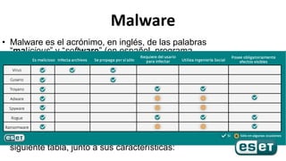 Malware
• Malware es el acrónimo, en inglés, de las palabras
“malicious” y “software” (en español, programa
malicioso). Se...