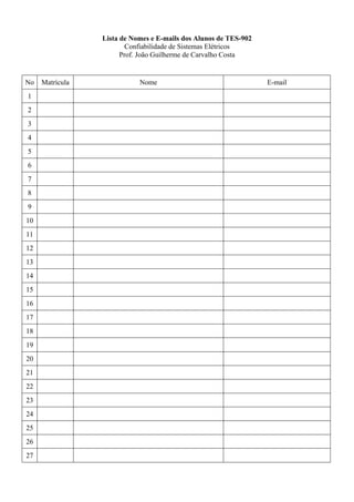 Lista de Nomes e E-mails dos Alunos de TES-902
                         Confiabilidade de Sistemas Elétricos
                       Prof. João Guilherme de Carvalho Costa


No   Matrícula              Nome                                  E-mail
1
2
3
4
5
6
7
8
9
10
11
12
13
14
15
16
17
18
19
20
21
22
23
24
25
26
27
 