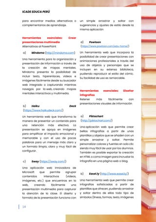 ICADE EDUCA PERÚ
14
para encontrar medios alternativos o
complementarios de aprendizaje.
Herramientas esenciales: Crear
presentaciones multimedia
Alternativas al PowerPoint
a) Mindomo (http://mindomo.com)
Una herramienta para la organización y
presentación de información a través de
la creación de mapas mentales.
Mindomo presenta la posibilidad de
incluir texto, hiperenlaces, vídeos e
imágenes fácilmente desde su buscador
web integrado o capturando mientras
navegas por la web, creando mapas
mentales interactivos y multimedia.
b) Haiku Deck
(https://www.haikudeck.com/)
Un herramienta web que transforma la
manera de presentar un contenido para
una retención más efectiva. La
presentación se apoya en imágenes
para amplificar el impacto emocional y
memorable y con el uso de pocas
palabras para un mensaje más claro y
un formato limpio, claro y muy fácil de
configurar.
c) Sway (https://sway.com/)
Una aplicación web innovadora de
Microsoft que permite agrupar
contenidos interactivos (vídeos,
imágenes, etc.) que encuentras en la
web, creando fácilmente una
presentación multimedia para capturar
la atención de la clase. El diseño y
formato de la presentación funciona con
un simple arrastrar y soltar con
sugerencias y ajustes de estilo desde la
misma aplicación
d) Powtoon
(https://www.powtoon.com/edu-home/)
Un herramienta web que incorpora la
posibilidad de crear presentaciones con
animaciones profesionales a través del
uso de objetos y personajes que se
incluyen en su extensa biblioteca,
pudiendo reproducir el estilo del cómic.
Su facilidad de uso es remarcable.
Herramientas esenciales: Diseñar
infografías
Retener más fácilmente con
presentaciones visuales de información
a) Piktochart
(http://piktochart.com/)
Una aplicación web que permite crear
bellas infografías a partir de unas
plantillas y objetos que se añaden con un
simple arrastrar y soltar. Permite
personalizar colores y fuentes en solo clic
siendo muy fácil de usar por los alumnos.
También es posible exportar la creación
en HTML o como imagen para incrustar la
infografía en una página web o blog.
b) Easel.ly (http://www.easel.ly/)
Una herramienta web que permite crear
infografías sofisticadas a partir de
plantillas que ofrecen, pudiendo arrastrar
y soltar dentro de ellas todo tipo de
símbolos (líneas, formas, texto, imágenes
 