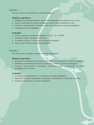 Unidade 1
Por que construir coletivamente o projeto pedagógico?
Objetivos específicos
j	Distinguir a autonomia legal da autonomia construída pelos sujeitos de sua escola.
j 	 Propor a elaboração do projeto pedagógico a partir da sua realidade escolar.
j 	 Justificar a importância do trabalho coletivo na construção do projeto pedagógico.
j 	 Conceituar projeto pedagógico. 	
Conteúdos
j 	Escola, autonomia e projeto pedagógico na LDB – Lei 9.394/96.
j	Cotidiano escolar e desafios profissionais.
j 	O trabalho coletivo e a construção do projeto pedagógico
j 	 Afinal, o que vem a ser o projeto pedagógico?
Unidade 2
Que dimensões e princípios orientam o projeto pedagógico?	
Objetivos específicos
j 	 Reconhecer a importância da relação teoria-prática na elaboração do projeto pedagógico.
j 	 Identificar as dimensões presentes na elaboração coletiva do projeto pedagógico.
j 	Levantar coletivamente os princípios orientadores para a construção do projeto
	 pedagógico de sua escola.
Conteúdos
j 	 A articulação teoria-prática e a construção do projeto pedagógico.
j 	Dimensões do projeto pedagógico: pedagógica, administrativa, financeira e jurídica.
j 	 Princípios orientadores do projeto pedagógico.
 