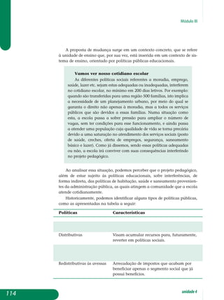 Módulo III
114 unidade4
A proposta de mudança surge em um contexto concreto, que se refere
à unidade de ensino que, por sua vez, está inserida em um contexto de sis­
tema de ensino, orientado por políticas públicas educacionais.
Vamos ver nosso cotidiano escolar
As diferentes políticas sociais referentes a moradia, emprego,
saúde, lazer etc. sejam estas adequadas ou inadequadas, interferem
no cotidiano escolar, no mínimo em 200 dias letivos. Por exemplo:
quando são transferidas para uma região 500 famílias, isto implica
a necessidade de um planejamento urbano, por meio do qual se
garanta o direito não apenas à moradia, mas a todos os serviços
públicos que são devidos a essas famílias. Numa situação como
esta, a escola passa a sofrer pressão para ampliar o número de
va­gas, sem ter condições para esse funcionamento, e ainda passa
a atender uma população cuja qualidade de vida se torna precária
devido a uma saturação no atendimento dos serviços sociais (posto
de saúde, creches, oferta de empregos, segurança, saneamento
básico e lazer). Como já dissemos, sendo essas políticas adequadas
ou não, a escola irá conviver com suas consequências interferindo
no projeto pedagógico.
Ao analisar essa situação, podemos perceber que o projeto pedagógico,
além de estar sujeito às políticas educacionais, sofre interferências, de
forma indireta, das políticas de habitação, saúde e saneamento prove­nien­
tes da administração pública, as quais atingem a comunidade que a escola
atende cotidianamente.
Historicamente, podemos identificar alguns tipos de políticas públicas,
como as apresentadas na tabela a seguir:
Políticas			 Características
Compensatórias		 Procuram compensar carências sociais, mas
				 sem resolver o problema em sua origem.
Distributivas			 visam acumular recursos para, futuramente,
					 reverter em políticas sociais.
Redistributivas		 Arrecadação de impostos do segmento social
					 que possui maior renda em benefício dos
					 segmentos desfavorecidos.
Redistributivas às avessas	 Arrecadação de impostos que acabam por
					 beneficiar apenas o segmento social que já
					 possui benefícios.
 