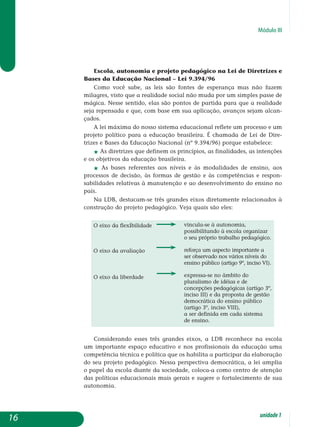 Módulo III
Escola, autonomia e projeto pedagógico na Lei de Diretrizes e
Bases da Educação Nacional – Lei 9.394/96
Como você sabe, as leis são fontes de esperança mas não fazem
milagres, visto que a realidade social não muda por um simples passe de
mágica. Nesse sentido, elas são pontos de partida para que a realidade
seja repensada e que, com base em sua aplicação, avanços sejam alcan-
çados.
A lei máxima do nosso sistema educacional reflete um processo e um
projeto político para a educação brasileira. É chamada de Lei de Dire­
trizes e Bases da Educação Nacional (nº 9.394/96) porque estabelece:
j As diretrizes que definem os princípios, as finalidades, as intenções
e os objetivos da educação brasileira.
j As bases referentes aos níveis e às modalidades de ensino, aos
processos de decisão, às formas de gestão e às competências e respon­
sabilidades relativas à manutenção e ao desenvolvimento do ensino no
país.
Na LDB, destacam-se três grandes eixos diretamente relacionados à
construção do projeto pedagógico. Veja quais são eles:
O eixo da flexibilidade
O eixo da avaliação
O eixo da liberdade
vincula-se à autonomia,
possibilitando à escola organizar
o seu próprio trabalho pedagógico.
reforça um aspecto importante a
ser observado nos vários níveis do
ensino público (artigo 9º, inciso VI).
expressa-se no âmbito do
pluralismo de idéias e de
concepções pedagógicas (artigo 3º,
inciso III) e da proposta de gestão
democrática do ensino público
(artigo 3º, inciso VIII),
a ser definida em cada sistema
de ensino.
Considerando esses três grandes eixos, a LDB reconhece na escola
um importante espaço educativo e nos profissionais da educação uma
competência técnica e política que os habilita a participar da elaboração
do seu projeto pedagógico. Nessa perspectiva democrática, a lei amplia
o papel da escola diante da sociedade, coloca-a como centro de atenção
das políticas educacionais mais gerais e sugere o fortalecimento de sua
autonomia.
16 unidade1
 