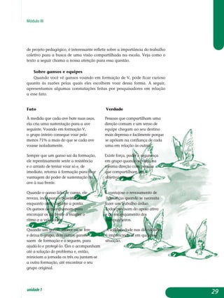 Módulo III
de projeto pedagógico, é interessante refletir sobre a importância do trabalho
coletivo para a busca de uma visão compartilhada na escola. Veja como o
texto a seguir chama a nossa atenção para essa questão.
Sobre gansos e equipes
Quando você vê gansos voando em formação de V, pode ficar curioso
quanto às razões pelas quais eles escolhem voar dessa forma. A seguir,
apresentamos algumas constatações feitas por pesquisadores em relação
a esse fato.
Fato Verdade
	 	
À medida que cada ave bate suas asas, 	 Pessoas que compartilham uma
ela cria uma sustentação para a ave 	 direção comum e um senso de
seguinte. Voando em formação V, 	 equipe chegam ao seu destino
o grupo inteiro consegue voar pelo 	 mais depressa e facilmente porque 	
menos 71% a mais do que se cada ave se apóiam na confiança de cada
voasse isoladamente. 	 uma em relação às outras.
Sempre que um ganso sai da formação, Existe força, poder e segu­rança
ele repentinamente sente a resistência em grupo quando se viaja na
e o arrasto de tentar voar só e, de mesma direção com pessoas
imediato, retorna à formação para tirar que compar­ti­lham um
vantagem do poder de sustentação da objetivo comum.
ave à sua frente. 	
Quando o ganso líder se cansa, ele É vantajoso o revezamento de
reveza, indo para a traseira do V, lideranças quando se necessita
en­quanto outro assume a ponta. fazer um trabalho árduo.
Os gansos de trás grasnam para Todos precisam do apoio ativo
encorajar os da frente a manter o e do encorajamento dos
ritmo e a velo­cidade. com­panheiros.
Quando um ganso adoece ou se fere A solidariedade nas dificul­da­des
e deixa o grupo, dois outros gansos é imprescindível em qual­quer
saem de formação e o seguem, para situação.
ajudá-lo e protegê-lo. Eles o acom­panham
até a solução do problema e, então,
reiniciam a jornada os três ou juntam-se
a outra formação, até encontrar o seu
grupo original.
29unidade1
 