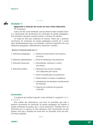 Módulo III
e e e e
Atividade 11
Mapeando a situação da escola em suas várias dimensões
10 minutos
Como você deve estar lembrado, um dos objetivos desta Unidade refere-
se à estruturação dos movimentos de construção do projeto pedagógico.
Esta atividade é proposta visando ajudá-lo a alcançar tal objetivo.
Ao longo do item que acabamos de discutir, vimos que o primeiro
movimento de construção do projeto pedagógico consiste em a escola
olhar detalhadamente para sua realidade e procurar entendê-la em suas
di­mensões pedagógica, administrativa, financeira e jurídica.
Numere a 2ª coluna de acordo com a 1ª :
1. Dimensão pedagógica	 ( ) Número de funcionários da secretaria	
				 	 da escola.
2. Dimensão administrativa	 ( ) Nível de habilitação dos professores.
3. Dimensão financeira 	 ( ) Necessidades, interesses e valores
			 dos alunos.
4. Dimensão jurídica 	 ( ) Aplicação dos recursos recebidos
					 e/ou adquiridos pela escola
				 	 ( ) Nível de qualificação dos professores
				 	 ( ) Dados relativos à evasão e à repetência.
					 ( ) Atendimento aos princípios constitucionais
				 da educação.
				 	 ( ) Aspectos de avaliação da proposta
				 curricular.
Comentário
A sequência que melhor responde a esta atividade é a seguinte: 2, 2, 1,
3, 1, 1, 4, 1.
Pela análise das alternativas, você deve ter percebido que todo o
primeiro movimento de construção do projeto pedagógico diz respeito à
análise detalhada da prática que a escola desenvolve. Também deve ter
observado que os aspectos de uma dimensão estão relacionados aos das
demais, visto que o trabalho da escola deve ser percebido como um todo,
de forma integrada.
					 • • •
69unidade3
 