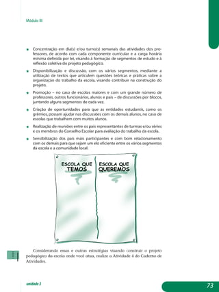 Módulo III
j	 Concentração em dia(s) e/ou turno(s) semanais das atividades dos pro­
fessores, de acordo com cada componente curricular e a carga horária
mínima definida por lei, visando à formação de segmentos de estudo e à
reflexão coletiva do projeto pedagógico.
j	 Disponibilização e discussão, com os vários segmentos, mediante a
utilização de textos que articulem questões teóricas e práticas sobre a
organização do trabalho da escola, visando contribuir na construção do
projeto.
j	 Promoção – no caso de escolas maiores e com um grande número de
professores, outros funcionários, alunos e pais – de discussões por blo­cos,
juntando alguns segmentos de cada vez.
j	 Criação de oportunidades para que as entidades estudantis, como os
grêmios, possam ajudar nas discussões com os demais alunos, no caso de
escolas que trabalhem com muitos alunos.
j	 Realização de reuniões entre os pais representantes de turmas e/ou séries
e os membros do Conselho Escolar para avaliação do trabalho da escola.
j	 Sensibilização dos pais mais participantes e com bom relacionamento
com os demais para que sejam um elo eficiente entre os vários seg­mentos
da escola e a comunidade local.
Considerando essas e outras estratégias visando construir o projeto
pedagógico da escola onde você atua, realize a Atividade 4 do Caderno de
Atividades.
73unidade3
 