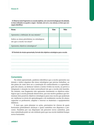 Módulo III
a) Observe neste fragmento se a escola explicita, com uma terminologia por ela ado­ta­da,
os itens indicados no quadro a seguir. Assinale, com um x, nas colunas, os itens que con­
seguiu identificar:
Itens							 Sim		 Não
Apresenta a definição de sua missão?		
Indica as áreas prioritárias ou estratégicas
em que a escola vai atuar?		
Apresenta objetivos estratégicos?		
b) Partindo da missão apresentada, formule dois objetivos estratégicos para a escola:
.................................................................................................................
.................................................................................................................
.................................................................................................................
.................................................................................................................
.................................................................................................................
................................................................................................................. 					
Comentário
No relato apresentado, podemos identificar que a escola apresenta sua
missão e indica algumas das áreas estratégicas que precisa tra­balhar, ao
dar pistas de como deve ser a construção do conhecimento e a apren­diza­
gem dos alunos, ao destacar valores a serem vividos na escola, ao prever a
integração e atuação no meio sociocultural em que a escola está inserida.
No entanto, esse fragmento não apresenta claramente os obje­ti­vos estra­
tégicos que a escola pretende desenvolver, por esse motivo pedimos que for-
mulasse dois possíveis objetivos estratégicos para essa escola que pode­riam
ser: melhorar os níveis de aprendizagem e de ren­dimento escolar do aluno;
capacitar os professores; ampliar e renovar os materiais e equi­pamentos
didáticos.
É claro que, para planejar as ações, precisamos ter clareza de quais
horizontes pretendemos alcançar e quais caminhos nos dispomos a per­
correr. Parabéns por sua disposição em percorrer novos caminhos, pois
essa caminhada pode ser um estímulo para que sua escola também busque
novos horizontes.
97unidade4
 