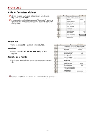 Ficha 310
Aplicar formatos básicos
Abre el ejercicio hecho en la ficha anterior, con el nombre
"Ejercicio de Calc 307".
A nuestro ejercicio le falta un poco de "decoración". Vamos a
aplicar algunos formatos que mejorarán el aspecto de nuestro
presupuesto.
Alineación
Ponte en la celda C3 y centra la palabra EUROS.
Negritas
Pon las celdas B1, B3, C3, B9, B11, B16 y B18 en
negritas.
Tamaño de la fuente
Pon el título B1 en tamaño 16. El resto del texto en tamaño
12.
Vuelve a guardar el documento una vez realizados los cambios.
1/12
 
