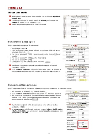 Ficha 312
Hacer una suma
Abre el ejercicio hecho en la ficha anterior, con el nombre "Ejercicio
de Calc 307".
Observa que todavía no hemos hecho las sumas para conocer los
totales de gastos (C9) e ingresos (C16).
Vamos a conocer dos formas de hacer una suma.
Suma manual o paso a paso
Ahora haremos la suma total de los gastos:
Sitúate en la celda C9.1.
Pulsa el símbolo = para activar el editor de fórmulas, o escribe = con
el teclado: Shift + 0 .
2.
Haz clic en la celda C5 (700), y a continuación pulsa el signo + en el
teclado.
3.
Haz clic en la celda C6 (600) y pulsa el signo + .4.
Haz clic en la celda C7 (300).5.
Como ya no hay más cifras a sumar, pulsamos Intro .6.
Puedes ver cómo en la celda C9 aparece la suma total de las tres
cantidades (1600).
En la barra de fórmulas, si nos colocamos en la celda C9, aparece la
estructura de la fórmula que nos ha dado el resultado: =C5+C6+C7.
Suma automática o autosuma
Ahora haremos el total de los gastos, para ello utilizaremos otra forma de hacer las sumas:
Nos situamos en la celda C16, Total de ingresos.1.
En la barra de fórmulas tenemos este botón: . Hacemos clic en él.2.
Nos quedan recuadradas en azul las dos cantidades que se encuentran
encima, 1200 y 400. Comprobamos que son éstas las cantidades que
queremos sumar y pulsamos Intro .
3.
Al pulsar Intro en la celda C16 aparece la suma total de las dos
cantidades (1600).
La estructura de esta fórmula podemos verla en la barra de fórmulas:
=SUMA(C13:C15), que quiere decir: suma todas las celdas que hay
entre la C13 y la C15.
1/12
 