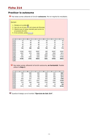 Ficha 314
Practicar la autosuma
Haz estas sumas utilizando la función autosuma. Pon en negrita los resultados.
Ejemplo:
Sitúate en la celda A3.1.
Haz clic en el icono de la barra de fórmulas.2.
Observa que el rango marcado para sumar es
el correcto (A1:A3).
3.
Si es correcto, pulsa Intro .4.
A B C D E F
1 12 45 78 36 20 55
2 78 89 96 63 32 21
3 45 89 89 15 10 58
4 48 63 45 44 58 42
5 183 286 308 158 120 176
6
7 12356 4523 36987 488 45287 25287
8 4587 879 4589 459 4582 5874
9 987 45 4258 2668 12547 11212
10 1258 1258 2200 2587 4587 47558
11 19188 6705 48034 6202 67003 89932
12
Haz estas sumas utilizando la función autosuma, en horizontal. Puedes
utilizar la Hoja 2.
A B C D E F
1 789 896 963 632 321 3601
2 123 236 369 698 987 2413
3 147 478 789 896 963 3273
4 654 547 478 852 268 2799
5 3074 2571 2247 4004 1260 13155
6 279 908 1499 1702 1830 6219
7 39 33 29 51 16 169
8 4418 5018 5393 3539 1798 20166
9
Guarda el trabajo con el nombre "Ejercicio de Calc 314".
1/12
 