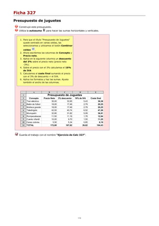 Ficha 327
Presupuesto de juguetes
Construye este presupuesto.
Utiliza la autosuma para hacer las sumas horizontales y verticales.
Para que el título "Presupuesto de Juguetes"
quede centrado en varias celdas, las
seleccionamos y utilizamos el botón Combinar
celdas .
1.
Ahora escribimos las columnas de Concepto y
Precio neto.
2.
Aplica en la siguiente columna un descuento
del 3% sobre el precio neto (precio neto
-3%).
3.
Sobre el precio con el 3% calculamos el 16%
de IVA
4.
Calculamos el coste final sumando el precio
con el 3% de descuento + el IVA.
5.
Aplica los formatos y haz las sumas. Ajusta
también el ancho de las columnas.
6.
A B C D E
1 Presupuesto de Juguetes
2 Concepto Precio Neto 3% descuento 16% de IVA Coste final
3 Tren eléctrico 35,00 33,95 5,43 39,38
4 Balón de fútbol 18,00 17,46 2,79 20,25
5 Muñeca grande 18,00 17,46 2,79 20,25
6 Teledirigido 42,00 40,74 6,52 47,26
7 Monopatín 32,80 31,82 5,09 36,91
8 Rompecabezas 11,50 11,16 1,78 12,94
9 Cuento infantil 10,00 9,70 1,55 11,25
10 Ceras colores 5,50 5,34 0,85 6,19
14 TOTAL 172,80 167,62 26,82 194,43
Guarda el trabajo con el nombre "Ejercicio de Calc 327".
1/12
 
