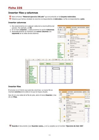 Ficha 335
Insertar filas y columnas
Abre el fichero "Material ejercicio 336.ods" que encontrarás en la Carpeta materiales.
Observa que hemos olvidado la columna correspondiente al miércoles y la fila correspondiente a julio.
Insertar columnas
Nos posicionamos en cualquier celda de la columna E (la del
jueves). Por ejemplo, en E6.
1.
En el menú Insertar, y seleccionamos la opción Columnas.2.
Automáticamente se insertará una nueva columna a la
izquierda de la celda donde estamos.
3.
Insertar filas
El proceso es el mismo que para las columnas. La nueva fila se
insertará encima de la celda en la que te hayas situado.
Haz clic en una celda de la fila de julio, abre el menú Insertar y haz
clic en Filas.
Guarda el documento (con Guardar como...) en tu carpeta con el nombre "Ejercicio de Calc 336".
1/12
 