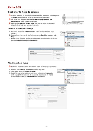 Ficha 305
Gestionar la hoja de cálculo
Cuando creamos un nuevo documento de Calc, éste tiene para empezar
3 hojas. Las puedes ver en la parte inferior de la ventana.
Las hojas nos permiten organizar el trabajo y ordenar los
documentos (cada cosa en una hoja).
Para cambiar de una hoja a otra, sólo has de hacer clic sobre la
etiqueta de la hoja que quieras. Inténtalo.
Cambiar el nombre a la hoja
Hacemos clic con el botón derecho sobre la etiqueta de la hoja
(Hoja1).
1.
Se desplegará un menú. Aquí seleccionamos Cambiar nombre a la
hoja...
2.
Aparece una ventana, donde escribiremos el nuevo nombre de la hoja.
Escribe Presupuesto y pulsa Aceptar.
3.
Añadir una hoja nueva
Podemos añadir a nuestro documento todas las hojas que queramos.
Haz clic con el botón derecho sobre las etiquetas.1.
Selecciona la opción Insertar hoja...2.
Se abrirá una ventana donde podremos seleccionar la posición
de la hoja (delante o detrás de la actual), el número de hojas
que queremos crear, y el nombre de la nueva hoja.
3.
1/12
 