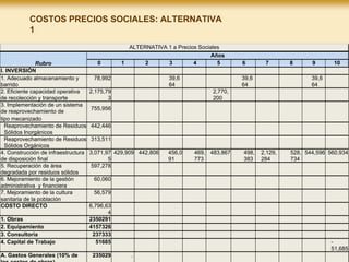 COSTOS PRECIOS SOCIALES: ALTERNATIVA
1
ALTERNATIVA 1 a Precios Sociales
Rubro
Años
0 1 2 3 4 5 6 7 8 9 10
I. INVERSIÓN
1. Adecuado almacenamiento y
barrido
78,992 39,6
64
39,6
64
39,6
64
2. Eficiente capacidad operativa
de recolección y transporte
2,175,79
3
2,770,
200
3. Implementación de un sistema
de reaprovechamiento de
tipo mecanizado
755,956
Reaprovechamiento de Residuos
Sólidos Inorgánicos
442,446
Reaprovechamiento de Residuos
Sólidos Orgánicos
313,511
4. Construcción de infraestructura
de disposición final
3,071,97
5
429,909 442,806 456,0
91
469,
773
483,867 498,
383
2,129,
284
528,
734
544,596 560,934
5. Recuperación de área
degradada por residuos sólidos
597,278
6. Mejoramiento de la gestión
administrativa y financiera
60,060
7. Mejoramiento de la cultura
sanitaria de la población
56,579
COSTO DIRECTO 6,796,63
4
1. Obras 2350291
2. Equipamiento 4157326
3. Consultoria 237333
4. Capital de Trabajo 51685 -
51,685
A. Gastos Generales (10% de 235029 .
 