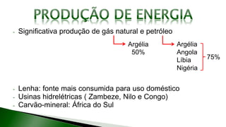 - Significativa produção de gás natural e petróleo
- Lenha: fonte mais consumida para uso doméstico
- Usinas hidrelétricas ( Zambeze, Nilo e Congo)
- Carvão-mineral: África do Sul
Argélia
50%
Argélia
Angola
Líbia
Nigéria
75%
 