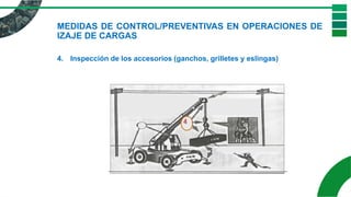 MEDIDAS DE CONTROL/PREVENTIVAS EN OPERACIONES DE
IZAJE DE CARGAS
4. Inspección de los accesorios (ganchos, grilletes y eslingas)
 