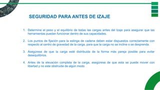 1. Determine el peso y el equilibrio de todas las cargas antes del Izaje para asegurar que las
herramientas puedan funcionar dentro de sus capacidades.
2. Los puntos de fijación para la eslinga de cadena deben estar dispuestos correctamente con
respecto al centro de gravedad de la carga, para que la carga no se incline o se desprenda.
3. Asegúrese de que la carga esté distribuida de la forma más pareja posible para evitar
desequilibrios.
4. Antes de la elevación completa de la carga, asegúrese de que esta se puede mover con
libertad y no este obstruida de algún modo
SEGURIDAD PARA ANTES DE IZAJE
 
