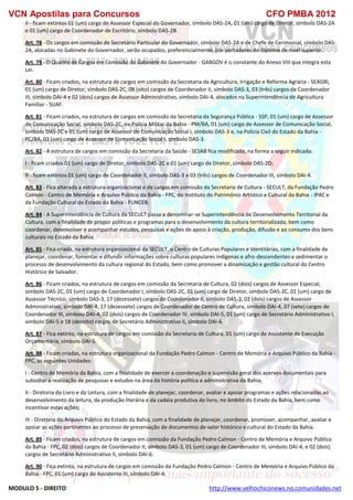 VCN Apostilas para Concursos CFO PMBA 2012
MODULO 5 - DIREITO http://www.velhochiconews.no.comunidades.net
II - ficam extintos 01 (um) cargo de Assessor Especial do Governador, símbolo DAS-2A, 01 (um) cargo de Diretor, símbolo DAS-2A
e 01 (um) cargo de Coordenador de Escritório, símbolo DAS-2B.
Art. 78 - Os cargos em comissão de Secretário Particular do Governador, símbolo DAS-2A e de Chefe de Cerimonial, símbolo DAS-
2A, alocadas no Gabinete do Governador, serão ocupados, preferencialmente, por portadores de diploma de nível superior.
Art. 79 - O Quadro de Cargos em Comissão do Gabinete do Governador - GABGOV é o constante do Anexo VIII que integra esta
Lei.
Art. 80 - Ficam criados, na estrutura de cargos em comissão da Secretaria da Agricultura, Irrigação e Reforma Agrária - SEAGRI,
01 (um) cargo de Diretor, símbolo DAS-2C, 08 (oito) cargos de Coordenador II, símbolo DAS-3, 03 (três) cargos de Coordenador
III, símbolo DAI-4 e 02 (dois) cargos de Assessor Administrativo, símbolo DAI-4, alocados na Superintendência de Agricultura
Familiar - SUAF.
Art. 81 - Ficam criados, na estrutura de cargos em comissão da Secretaria da Segurança Pública - SSP, 01 (um) cargo de Assessor
de Comunicação Social, símbolo DAS-2C, na Polícia Militar da Bahia - PM/BA, 01 (um) cargo de Assessor de Comunicação Social,
símbolo DAS-2C e 01 (um) cargo de Assessor de Comunicação Social I, símbolo DAS-3 e, na Polícia Civil do Estado da Bahia -
PC/BA, 01 (um) cargo de Assessor de Comunicação Social I, símbolo DAS-3.
Art. 82 - A estrutura de cargos em comissão da Secretaria da Saúde - SESAB fica modificada, na forma a seguir indicada:
I - ficam criados 01 (um) cargo de Diretor, símbolo DAS-2C e 01 (um) cargo de Diretor, símbolo DAS-2D;
II - ficam extintos 01 (um) cargo de Coordenador II, símbolo DAS-3 e 03 (três) cargos de Coordenador III, símbolo DAI-4.
Art. 83 - Fica alterada a estrutura organizacional e de cargos em comissão da Secretaria de Cultura - SECULT, da Fundação Pedro
Calmon - Centro de Memória e Arquivo Público da Bahia - FPC, do Instituto do Patrimônio Artístico e Cultural da Bahia - IPAC e
da Fundação Cultural do Estado da Bahia - FUNCEB.
Art. 84 - A Superintendência de Cultura da SECULT passa a denominar-se Superintendência de Desenvolvimento Territorial da
Cultura, com a finalidade de propor políticas e programas para o desenvolvimento da cultura territorializada, bem como
coordenar, desenvolver e acompanhar estudos, pesquisas e ações de apoio à criação, produção, difusão e ao consumo dos bens
culturais no Estado da Bahia.
Art. 85 - Fica criada, na estrutura organizacional da SECULT, o Centro de Culturas Populares e Identitárias, com a finalidade de
planejar, coordenar, fomentar e difundir informações sobre culturas populares indígenas e afro-descendentes e sedimentar o
processo de desenvolvimento da cultura regional do Estado, bem como promover a dinamização e gestão cultural do Centro
Histórico de Salvador.
Art. 86 - Ficam criados, na estrutura de cargos em comissão da Secretaria de Cultura, 02 (dois) cargos de Assessor Especial,
símbolo DAS-2C, 01 (um) cargo de Coordenador I, símbolo DAS-2C, 01 (um) cargo de Diretor, símbolo DAS-2C, 01 (um) cargo de
Assessor Técnico, símbolo DAS-3, 17 (dezessete) cargos de Coordenador II, símbolo DAS-3, 02 (dois) cargos de Assessor
Administrativo, símbolo DAI-4, 17 (dezessete) cargos de Coordenador de Centro de Cultura, símbolo DAI-4, 07 (sete) cargos de
Coordenador III, símbolo DAI-4, 02 (dois) cargos de Coordenador IV, símbolo DAI-5, 01 (um) cargo de Secretário Administrativo I,
símbolo DAI-5 e 18 (dezoito) cargos de Secretário Administrativo II, símbolo DAI-6.
Art. 87 - Fica extinto, na estrutura de cargos em comissão da Secretaria de Cultura, 01 (um) cargo de Assistente de Execução
Orçamentária, símbolo DAI-5.
Art. 88 - Ficam criadas, na estrutura organizacional da Fundação Pedro Calmon - Centro de Memória e Arquivo Público da Bahia -
FPC, as seguintes Unidades:
I - Centro de Memória da Bahia, com a finalidade de exercer a coordenação e supervisão geral dos acervos documentais para
subsidiar a realização de pesquisas e estudos na área da história política e administrativa da Bahia;
II - Diretoria do Livro e da Leitura, com a finalidade de planejar, coordenar, avaliar e apoiar programas e ações relacionadas ao
desenvolvimento da leitura, da produção literária e da cadeia produtiva do livro, no âmbito do Estado da Bahia, bem como
incentivar estas ações;
III - Diretoria do Arquivo Público do Estado da Bahia, com a finalidade de planejar, coordenar, promover, acompanhar, avaliar e
apoiar as ações pertinentes ao processo de preservação de documentos de valor histórico e cultural do Estado da Bahia.
Art. 89 - Ficam criados, na estrutura de cargos em comissão da Fundação Pedro Calmon - Centro de Memória e Arquivo Público
da Bahia - FPC, 02 (dois) cargos de Coordenador II, símbolo DAS-3, 01 (um) cargo de Coordenador III, símbolo DAI-4, e 02 (dois)
cargos de Secretário Administrativo II, símbolo DAI-6.
Art. 90 - Fica extinto, na estrutura de cargos em comissão da Fundação Pedro Calmon - Centro de Memória e Arquivo Público da
Bahia - FPC, 01 (um) cargo de Assistente III, símbolo DAI-4.
 