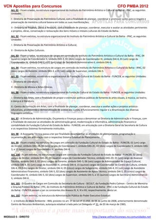 VCN Apostilas para Concursos CFO PMBA 2012
MODULO 5 - DIREITO http://www.velhochiconews.no.comunidades.net
Art. 91 - Ficam criadas, na estrutura organizacional do Instituto do Patrimônio Artístico e Cultural da Bahia - IPAC, as seguintes
Unidades:
I - Diretoria de Preservação do Patrimônio Cultural, com a finalidade de planejar, coordenar e promover ações para o resgate e
preservação da memória cultural baiana em todas as suas manifestações;
II - Diretoria de Projetos, Obras e Restauro, com a finalidade de planejar, coordenar, executar e avaliar as atividades pertinentes
a projetos, obras, conservação e restauração dos bens móveis e imóveis culturais do Estado da Bahia.
Art. 92 - Ficam extintas, na estrutura organizacional do Instituto do Patrimônio Artístico e Cultural da Bahia - IPAC, as seguintes
Unidades:
I - Diretoria de Preservação do Patrimônio Artístico e Cultural;
II - Diretoria de Ações Culturais.
Art. 93 - Ficam criados, na estrutura de cargos em comissão do Instituto do Patrimônio Artístico e Cultural da Bahia - IPAC, 04
(quatro) cargos de Coordenador II, símbolo DAS-3, 02 (dois) cargos de Coordenador III, símbolo DAI-4, 01 (um) cargo de
Coordenador IV, símbolo DAI-5, e 01 (um) cargo de Secretário Administrativo II, símbolo DAI-6.
Art. 94 - Ficam extintos, na estrutura de cargos em comissão do Instituto do Patrimônio Artístico e Cultural da Bahia - IPAC, 02
(dois) cargos de Gerente, símbolo DAS-3, e 01 (um) cargo de Supervisor, símbolo DAI-5.
Art. 95 - Ficam extintas, na estrutura organizacional da Fundação Cultural do Estado da Bahia - FUNCEB, as seguintes Unidades:
I - Diretoria de Literatura;
II - Diretoria de Música e Artes Cênicas.
Art. 96 - Ficam criadas, na estrutura organizacional da Fundação Cultural do Estado da Bahia - FUNCEB, as seguintes Unidades:
I - Diretoria das Artes, com a finalidade de propor e estimular políticas públicas de fomento às artes visuais, à música, ao teatro,
à dança e à literatura;
II - Centro de Formação em Artes, com a finalidade de planejar, coordenar, executar e avaliar ações e projetos artístico-
educativos, promovendo a democratização do acesso aos cursos, o funcionamento regular e a dinamização das diversas
linguagens artísticas.
Art. 97 - A Diretoria de Administração, Orçamento e Finanças passa a denominar-se Diretoria de Administração e Finanças, com
a finalidade de executar as atividades de administração geral, modernização e informática, administração financeira e
contabilidade da Fundação Cultural do Estado da Bahia - FUNCEB, em articulação com a Diretoria Geral da Secretaria de Cultura
e os respectivos Sistemas formalmente instituídos.
Art. 98 - A Assessoria Técnica passa a ter por finalidade desempenhar as atividades de planejamento, programação e
orçamentação, em articulação com o respectivo Sistema Estadual de Planejamento.
Art. 99 - Ficam criados, na estrutura de cargos em comissão da Fundação Cultural do Estado da Bahia - FUNCEB, 01 (um) cargo
de Diretor, símbolo DAS-2B, 06 (seis) cargos de Coordenador I, símbolo DAS-2C, 02 (dois) cargos de Coordenador II, símbolo DAS-
3, e 11 (onze) cargos de Coordenador III, símbolo DAI-4.
Art. 100 - Ficam extintos, na estrutura de cargos em comissão da Fundação Cultural do Estado da Bahia - FUNCEB, 02 (dois)
cargos de Diretor, símbolo DAS-2C, 04 (quatro) cargos de Coordenador Técnico, símbolo DAS-2D, 01 (um) cargo de Assessor
Técnico, símbolo DAS-3, 02 (dois) cargos de Gerente, símbolo DAS-3, 06 (seis) cargos de Administrador de Espaço Cultural,
símbolo DAI-4, 01 (um) cargo de Assistente III, símbolo DAI-4, 15 (quinze) cargos de Coordenador de Centro de Cultura, símbolo
DAI-4, 03 (três) cargos de Diretor, símbolo DAI-4, 05 (cinco) cargos de Subgerente, símbolo DAI-4, 01 (um) cargo de Assistente
Administrativo-Financeiro, símbolo DAI-5, 02 (dois) cargos de Assistente de Apoio Técnico, símbolo DAI-5, 05 (cinco) cargos de
Coordenador IV, símbolo DAI-5, 02 (dois) cargos de Supervisor, símbolo DAI-5, e 15 (quinze) cargos de Secretário Administrativo
II, símbolo DAI-6.
Art. 101 - O Quadro de Cargos em Comissão da Secretaria de Cultura - SECULT, da Fundação Pedro Calmon - Centro de Memória
e Arquivo Público da Bahia - FPC, do Instituto do Patrimônio Artístico e Cultural da Bahia - IPAC e da Fundação Cultural do Estado
da Bahia - FUNCEB passam a ser os constantes dos Anexos IX, X, XI e XII, respectivamente, desta Lei.
Art. 102 - Ficam extintos, na estrutura da Administração Pública do Poder Executivo Estadual:
I - o Instituto do Meio Ambiente - IMA, previsto no art. 5º da Lei nº 11.050, de 06 de junho de 2008, anteriormente denominado
Centro de Recursos Ambientais, autarquia estadual criada pela Lei Delegada nº 31, de 03 de março de 1983;
 