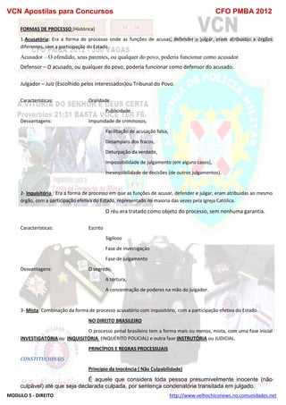 VCN Apostilas para Concursos CFO PMBA 2012
MODULO 5 - DIREITO http://www.velhochiconews.no.comunidades.net
FORMAS DE PROCESSO (Histórica)
1-Acusatória: Era a forma de processo onde as funções de acusar, defender e julgar, eram atribuídas a órgãos
diferentes, sem a participação do Estado.
Acusador – O ofendido, seus parentes, ou qualquer do povo, poderia funcionar como acusador.
Defensor – O acusado, ou qualquer do povo, poderia funcionar como defensor do acusado.
Julgador – Juiz (Escolhido pelos interessados)ou Tribunal do Povo.
Características: Oralidade
Publicidade
Desvantagens: Impunidade de criminosos,
Facilitação de acusação falsa,
Desamparo dos fracos,
Deturpação da verdade,
Impossibilidade de julgamento (em alguns casos),
Inexequibilidade de decisões (de outros julgamentos).
2- Inquisitória : Era a forma de processo em que as funções de acusar, defender e julgar, eram atribuídas ao mesmo
órgão, com a participação efetiva do Estado, representado na maioria das vezes pela Igreja Católica.
O réu era tratado como objeto do processo, sem nenhuma garantia.
Características: Escrito
Sigiloso
Fase de investigação
Fase de julgamento
Desvantagens: O segredo,
A tortura,
A concentração de poderes na mão do julgador.
3- Mista: Combinação da forma de processo acusatório com inquisitório, com a participação efetiva do Estado.
NO DIREITO BRASILEIRO
O processo penal brasileiro tem a forma mais ou menos, mista, com uma fase inicial
INVESTIGATÓRIA ou INQUISITÓRIA (INQUÉRITO POLICIAL) e outra fase INSTRUTÓRIA ou JUDICIAL.
PRINCÍPIOS E REGRAS PROCESSUAIS
CONSTITUCIONAIS
Princípio da Inocência ( Não Culpabilidade)
É aquele que considera toda pessoa presumivelmente inocente (não
culpável) até que seja declarada culpada, por sentença condenatória transitada em julgado.
 