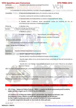 VCN Apostilas para Concursos CFO PMBA 2012
MODULO 5 - DIREITO http://www.velhochiconews.no.comunidades.net
da Revisão - Verdadeira Ação (Aproxima-se da Ação Rescisória)
Fundamento:
- A imutabilidade da sentença definitiva, sucumbe a situações especiais.
Cabimento 1- Quando a sentença condenatória, for contrária a texto da Lei Penal,
2- Quando a sentença for contrária à evidência dos fatos,
3- Quando fundar-se em documentos ou exames comprovadamente falsos,
4- Quando, após a sentença, forem descobertas provas de inocência do réu, ou
circunstâncias que autorizem a modificação da pena.
Efeitos da 1- Absolver o réu
Revisão 2- Alterar a classificação da infração
3- Modificar a pena, e
4- Anular o Processo - Novo processo, com pena mais leve,
- Novo processo, com pena mais grave.
- Do Recurso Extraordinário
- Tem cabimento nas hipóteses previstas na Constituição Federal.
- Prazo – 10 dias (Lei nº 3.396/58)
Hipóteses de - Quando contrariar dispositivo Constitucional,
Cabimento - Quando negar vigência a tratado ou lei federal,
- Quando declarar inconstitucionalidade de tratado ou de lei federal,
- Quando julgar válida a lei ou ato de Governo local, contestado em face da Constituição ou
Lei Federal, e
- Quando der à Lei Federal, interpretação divergente da de outro Tribunal ou do próprio
Supremo Tribunal.
OBS: Foi criado pela atual Constituição, como Recurso Especial, da Competência do Superior Tribunal de Justiça.
- Da Carta Testemunhal (art. 640)
- Dar-se carta testemunhável, com a finalidade de levar a 2ª Instância, conhecimento de recurso não
recebido ou recebido e não processado com regularidade.
EXERCICIO FIXAÇÃO - PROCESSUAL PENAL PARTE IV – PRISÃO
1 . (PF, Cespe - Agente de Polícia Federal - 2004) A respeito do direito processual penal brasileiro,
julgue os itens a seguir em (C) CERTO ou (E) ERRADO.
a) Considera-se em flagrante delito quem é encontrado, logo depois da infração, com
instrumentos, armas, objetos ou papéis que façam presumir ser ele infrator.
b) Não é cabível prisão preventiva de acusado de prática de contravenção penal.
c) A prisão temporária não pode ser decretada de ofício pelo juiz.
A ) C, C, C
 