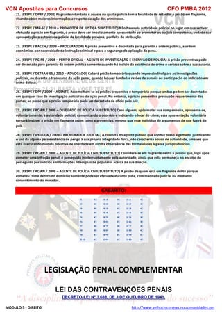 VCN Apostilas para Concursos CFO PMBA 2012
MODULO 5 - DIREITO http://www.velhochiconews.no.comunidades.net
21. (CESPE / DPRF / 2008) Flagrante retardado é aquele no qual a polícia tem a faculdade de retardar a prisão em flagrante,
visando obter maiores informações a respeito da ação dos criminosos.
22. (CESPE / MP-SE / 2010 – PROMOTOR DE JUSTIÇA SUBSTITUTO) Não havendo autoridade policial no lugar em que se tiver
efetuado a prisão em flagrante, o preso deve ser imediatamente apresentado ao promotor ou ao juiz competente, vedada sua
apresentação a autoridade policial de localidade próxima, por falta de atribuição.
23. (CESPE / BACEN / 2009 – PROCURADOR) A prisão preventiva é decretada para garantir a ordem pública, a ordem
econômica, por necessidade da instrução criminal e para a segurança da aplicação da pena.
24. (CESPE / PC-PB / 2008 – PERITO OFICIAL – AGENTE DE INVESTIGAÇÃO E ESCRIVÃO DE POLÍCIA) A prisão preventiva pode
ser decretada para garantia da ordem pública somente quando há indício da existência de crime e certeza sobre a sua autoria.
25. (CESPE / DETRAN-ES / 2010 – ADVOGADO) Caberá prisão temporária quando imprescindível para as investigações
policiais, ou durante o transcurso da ação penal, quando houver fundadas razões de autoria ou participação do indiciado em
crime doloso.
26. (CESPE / DPF / 2009 – AGENTE) Assemelham-se as prisões preventiva e temporária porque ambas podem ser decretadas
em qualquer fase da investigação policial ou da ação penal. No entanto, a prisão preventiva pressupõe requerimento das
partes, ao passo que a prisão temporária pode ser decretada de ofício pelo juiz.
27. (CESPE / PC-RN / 2008 – DELEGADO DE POLÍCIA SUBSTITUTO) Caso alguém, após matar sua companheira, apresente-se,
voluntariamente, à autoridade policial, comunicando o ocorrido e indicando o local do crime, essa apresentação voluntária
tornará inviável a prisão em flagrante assim como a preventiva, mesmo que esse indivíduo dê argumentos de que fugirá do
país.
28. (CESPE / IPOJUCA / 2009 – PROCURADOR JUDICIAL) A conduta do agente público que conduz preso algemado, justificando
o uso da algema pela existência de perigo à sua própria integridade física, não caracteriza abuso de autoridade, uma vez que
está executando medida privativa de liberdade em estrita observância das formalidades legais e jurisprudenciais.
29. (CESPE / PC-RN / 2008 – AGENTE DE POLÍCIA CIVIL SUBSTITUTO) Considera-se em flagrante delito a pessoa que, logo após
cometer uma infração penal, é perseguida ininterruptamente pela autoridade, ainda que esta permaneça no encalço do
perseguido por indícios e informações fidedignas de populares acerca de sua direção.
30. (CESPE / PC-RN / 2008 – AGENTE DE POLÍCIA CIVIL SUBSTITUTO) A prisão de quem está em flagrante delito porque
cometeu crime dentro do domicílio somente pode ser efetuada durante o dia, com mandado judicial ou mediante
consentimento do morador.
.
GABARITO:
LEGISLAÇÃO PENAL COMPLEMENTAR
LEI DAS CONTRAVENÇÕES PENAIS
DECRETO-LEI Nº 3.688, DE 3 DE OUTUBRO DE 1941.
 