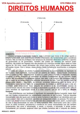 VCN Apostilas para Concursos CFO PMBA 2012
MODULO 5 - DIREITO http://www.velhochiconews.no.comunidades.net
DIREITOS HUMANOS
CONCEITO:
Direitos humanos é expressão moderna, mas o princípio que invoca é tão antigo quanto a
própria humanidade, pois determinados direitos e liberdades são fundamentais para a existência
humana. Não se trata de privilégios nem tampouco de presentes oferecidos conforme o capricho
de governantes ou de governados. Também não podem ser retirados por nenhum poder
arbitrário, não podem ser negados nem são perdidos se o indivíduo cometer algum delito ou violar
alguma lei. De início, essas afirmações não tinham base jurídica; eram consideradas apenas
afirmações morais. Com o tempo, esses direitos foram formalmente reconhecidos e protegidos
pela lei.
O núcleo do conceito de direitos humanos encontra-se no reconhecimento da dignidade do
ser humana. Essa dignidade, expressa em um sistema de valores, exerce função orientadora
sobre a ordem jurídica, estabelecendo “o bom e o justo” para o homem. A expressão “direitos
humanos” é forma abreviada de mencionar os direitos fundamentais do ser humano. Esses
direitos são considerados fundamentais porque, sem eles, o ser humano não consegue existir e
não é capaz de se desenvolver e de participar plenamente da vida. Todo ser humano deve ter
asseguradas, desde o nascimento, as mínimas condições necessárias para se tornar útil à
humanidade, como também deve ter a possibilidade de receber os benefícios que a vida em
sociedade pode proporcionar. Esse conjunto de condições e de possibilidades associa às
características naturais dos seres humanos a capacidade natural de cada pessoa poder valer-se
como resultado da organização social. É a esse conjunto que se dá o nome de direitos
humanos.
Para entendermos com facilidade o significado da expressão direitos humanos, basta dizer
que tais direitos correspondem às necessidades essenciais do ser humano. Trata-se daquelas
necessidades que são iguais para todos os seres humanos e que devem ser atendidas para que
esses possam viver com a dignidade que deve ser assegurada a todas as pessoas. Por exemplo,
a vida é um direito humano fundamental, pois sem ela a pessoa não existe; assim, a preservação
da vida é uma necessidade de todos os seres humanos. Mas, observando como são e como
vivem os seres humanos, percebemos a existência de outras necessidades que são também
fundamentais, tais como a alimentação, a saúde, a moradia, a educação, e tantas outras.
Consolidando um conceito, podemos dizer que direitos humanos são o conjunto de direitos,
 