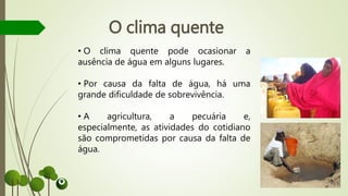 O clima quente
• O clima quente pode ocasionar a
ausência de água em alguns lugares.
• Por causa da falta de água, há uma
grande dificuldade de sobrevivência.
• A agricultura, a pecuária e,
especialmente, as atividades do cotidiano
são comprometidas por causa da falta de
água.
 