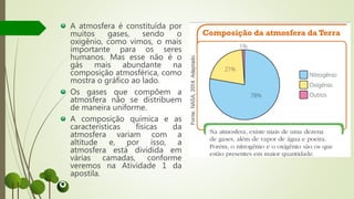 A atmosfera é constituída por
muitos gases, sendo o
oxigênio, como vimos, o mais
importante para os seres
humanos. Mas esse não é o
gás mais abundante na
composição atmosférica, como
mostra o gráfico ao lado.
Os gases que compõem a
atmosfera não se distribuem
de maneira uniforme.
A composição química e as
características físicas da
atmosfera variam com a
altitude e, por isso, a
atmosfera está dividida em
várias camadas, conforme
veremos na Atividade 1 da
apostila.
 