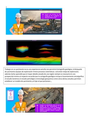 |
Trabajar en un yacimiento no es una experiencia sencilla nos permitirá Cartografía geológica; la búsqueda
de yacimiento equipos de exploración minera procesos sistemáticos concretan etapa de exploración;
además Carlos aprendió que el mayor detalle estudio de una región siempre es necesario en una
prospección minera al respecto recuerda que la cartografía geológica incluye el levantamiento estratigráfico
el estudio tectónico el estudio petrológico mineralogía geoquímico entre otros dichos estudios permiten
establecer un modelo de yacimiento y el tipo al que pertenece ,,
 