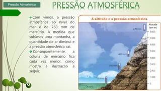 Com vimos, a pressão
atmosférica ao nível do
mar é de 760 mm de
mercúrio. À medida que
subimos uma montanha, a
quantidade de ar diminui e
a pressão atmosférica cai.
Consequentemente, a
coluna de mercúrio fica
cada vez menor, como
mostra a ilustração a
seguir.
Pressão Atmosférica
 