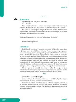 Módulo VII
j j j j
Atividade 24
Analisando um edital de licitação
5 minutos
O(a) gestor(a) eficiente é aquele que compra exatamente o que quer
comprar. A atividade está relacionada ao primeiro objetivo da Unidade.
No edital da licitação para compra de material escolar, dentre os itens
especificados, encontrava-se o seguinte: “1.000 caixas de lápis de cor, com
doze lápis de cores variadas cada uma”.
Essa especificação contém um grave erro.Você consegue identificá-lo?
Está faltando especificar ......................................................................
Comentário
Está faltando especificar o tamanho ou padrão do lápis. Por causa disso,
veja o que aconteceu: foi feita a licitação. Venceu a empresa que apresen-
tou o menor preço, dentro das especificações do edital. Os lápis foram rece-
bidos e distribuídos às escolas. Logo, porém, o almoxarifado da Secretaria
de Educação percebeu que as escolas estavam solicitando re­posição de lápis
em período de tempo bem inferior ao que normalmente ocorria. Verificou-se,
então, que os lápis fornecidos pela empresa vencedora da licitação eram
bem menores do que o habitual. E, no entanto, nada podia ser feito, pois o
edital da licitação não havia especificado o tamanho do lápis. Em resumo,
a empresa tinha um preço menor porque seu lápis também era menor.
Observe que a necessidade de clara especificação do que se quer
adquirir vale também para as pequenas compras que o(a) gestor(a) escolar
pode fazer diretamente com os recursos disponíveis em sua escola.
• • •
As modalidades de licitação
As modalidades de licitação previstas na Lei nº 8.666/93, são: concor-
rência, tomada de preços, con­vite, concurso e leilão.
Conforme os valores das obras, serviços e demais compras, utilizam-se
as distintas modalidades de licitação. Os valores máximos atualmente
vigentes, estabelecidos nos artigos 23 e 24 da Lei nº 8.666/93, encontram-se
no quadro a seguir:
100 unidade4
 