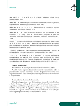 Módulo VII
MACHADO JR., J. T.  REIS, H. C. A Lei 4320 Comentada. 27.ed. Rio de
Janeiro: Ibam, 1997.
MARTINS, J. P. Administração Escolar: uma abordagem crítica do processo
administrativo em educação. São Paulo: Atlas, 1991.
MARTINS, P. G.  ALT, P. R. C. Administração de Materiais e Recursos
Patrimoniais. São Paulo: Saraiva, 2000.
MARTINS, R. C. R. Gestão de recursos materiais. In: RODRIGUES, M. M.
 BRAGA, A. C. (Orgs.). Guia de Consulta para o Programa de Apoio aos
Secretários Municipais de Educação - Prasem II. Brasília: Fundescola/MEC,
1999.
RUBIM, G. V. Gestão orçamentária e financeira: licitações. In: RODRIGUES,
M. M.  BRAGA, A. C. (Orgs.). Caderno de Atualização do Guia de Consulta
para o Programa de Apoio aos Secretários Municipais de Educação - Prasem.
Brasília: Projeto Nordeste, 1998.
VALERIAN, J. Gestão da Escola Fundamental: subsídios para análise e sugestões de
aperfeiçoamento. 2.ed. São Paulo: Cortez: Brasília: Unesco, MEC, 1993.
XAVIER, A. C. R., PLANCK, D.  SOBRINHO, J. A. Padrões mínimos de
funcionamento das escolas: uma estratégia para a equidade no ensino
fundamental brasileiro. In: Guia de Consulta para o Programa de Apoio aos
Secretários Municipais de Educação. Brasília: Projeto Nordeste, 1997, p.119-145.
Outras Referências
Notas Técnicas da Associação Brasileira de Normas Técnicas (ABNT).
A ABNT é uma organização da sociedade civil que normatiza todos os
procedimentos técnicos brasileiros. Na área de patrimônio escolar estão
disponíveis normas sobre construção civil e arquitetura escolar, mobiliários
e equipamentos.
Recomendações Técnicas do Fundescola.
O Fundescola publicou, e tem distribuído aos estados do Norte, Nor­deste
e Centro-Oeste, um catálogo de recomendações técnicas sobre cons­truções,
arquitetura, mobiliário e arquitetura escolar. Merecem especial aten­ção os
módulos sobre quadra de esporte e urbanização, o primeiro ri­camente
ilustrado e o segundo extremamente claro e didático em suas defi­nições
sobre os principais elementos da infra-estrutura escolar.
123resumofinal
 