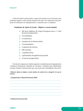 Módulo VII
A lista de objetos apresentada a seguir será doada à sua escola por uma
fundação ligada a uma grande empresa tão logo você apresente uma pro-
posta de utilização dos equipamentos e materiais que a compõem.
Fundação de Apoio à Escola – Objetos a serem doados
j	300 livros didáticos de língua portuguesa para a 1ª série  	
do ensino fundamental.
j	2 enciclopédias.
j	3 cronômetros.
j	5 quadros de um famoso pintor.
j	10 computadores.
j	2 máquinas de escrever.
j	300 camisetas.
j	1 aparelho de fax.
j	2 perfuradores de papel do tipo grande.
j	10 resmas de papel ofício.
Você deverá organizar os objetos segundo a classificação por Equipamentos
e Material Permanente, Material de Consumo e Material para Distribuição
Gratuita. Estamos torcendo para que sua escola seja contemplada. Boa sorte!
Relacione abaixo os objetos a serem doados, de acordo com a categoria* em que se
inserem:
a) Equipamentos e Material Permanente (EMP).
.................................................................................................................
.................................................................................................................
.................................................................................................................
.................................................................................................................
.................................................................................................................
................................................................................................................. 					
b) Material de Consumo (MC).
71unidade3
 