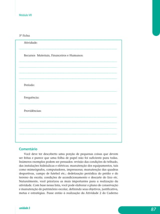 Módulo VII
3ª Ficha
Atividade:
.................................................................................................................
Recursos Materiais, Financeiros e Humanos:
................................................................................................................. 		
................................................................................................................. 	
.................................................................................................................
.................................................................................................................
Período:
.................................................................................................................
Frequência:
.................................................................................................................
Providências:
.................................................................................................................
.................................................................................................................
.................................................................................................................
................................................................................................................. 			
Comentário
Você deve ter descoberto uma porção de pequenas coisas que devem
ser feitas e parece que uma folha de papel não foi suficiente para todas.
Inúmeros exemplos podem ser pensados: revisão das condições do telhado,
das instalações hidráulicas e elétricas; manutenção dos equipamentos, tais
como mimeógrafos, computadores, impressoras; manutenção das quadras
desportivas, campo de futebol etc.; dedetização periódica do prédio e do
terreno da escola; condições de acondicionamento e descarte do lixo etc.
Naturalmente, você priorizou as mais importantes para a realização da
atividade. Com base nessa lista, você pode elaborar o plano de conservação
e manutenção do patrimônio escolar, definindo seus objetivos, justificativa,
metas e estratégias. Passe então à realização da Atividade 2 do Caderno
87unidade3
 