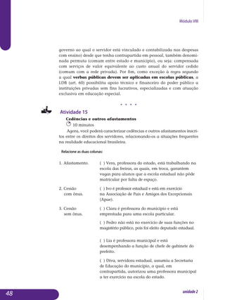 Módulo VIII
governo ao qual o servidor está vinculado e contabilizada nas despesas
com ensino) desde que tenha contrapartida em pessoal, tam­bém denomi-
nada permuta (co­mum entre estado e município), ou seja: compensada
com serviços de valor equivalente ao custo anual do servi­dor cedido
(comum com a rede pri­vada). Por fim, como exceção à regra segundo
a qual verbas públicas devem ser aplicadas em escolas públicas, a
LDB (art. 60) possibilita apoio técnico e financeiro do poder público a
instituições privadas sem fins lucrativos, especiali­zadas e com atuação
exclusiva em educação especial.
j j j j
Atividade 15
Cedências e outros afastamentos
10 minutos
Agora, você poderá caracterizar cedências e outros afastamentos inscri-
tos entre os direitos dos servidores, relacionando-os a situações fre­quentes
na realidade educacional brasileira.
Relacione as duas colunas:
1. Afastamento. 	 ( ) Vera, professora do estado, está trabalhando na 	
			 escola das freiras, as quais, em troca, garantem 		
			 vagas para alunos que a escola estadual não pôde 	
			 matricular por falta de espaço.
2. Cessão 		 ( ) Ivo é professor estadual e está em exercício
com ônus. 	 	 na Associação de Pais e Amigos dos Excepcionais 		
			 (Apae).
	
3. Cessão		 ( ) Clara é professora do município e está
sem ônus. 		 emprestada para uma escola particular.
			 ( ) Pedro não está no exercício de suas funções no 	
			 magistério público, pois foi eleito deputado estadual.
			 ( ) Lia é professora municipal e está 			
			 desempenhando a função de chefe de gabinete do 		
			 prefeito.
			 ( ) Diva, servidora estadual, assumiu a Secretaria 		
			 de Educação do município, a qual, em 			
			 contrapartida, autorizou uma professora municipal 	
			 a ter exercício na escola do estado.
48 unidade2
 