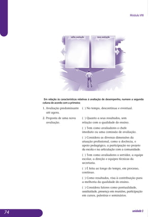 Módulo VIII
Em relação às características relativas à avaliação de desempenho, numere a segunda
coluna de acordo com a primeira:
1. Avaliação predominante	 ( ) No tempo, descontínua e eventual.
até agora.
2. Proposta de uma nova	 ( ) Quanto a seus resultados, sem
avaliação.		 	 relação com a qualidade do ensino.
				 ( ) Tem como avaliadores o chefe 			
				 imediato ou uma comissão de avaliação.
				 ( ) Considera as diversas dimensões da 		
				 atuação profissional, como a docência, o 		
				 apoio pedagógico, a participação no projeto 		
				 da escola e na articulação com a comunidade.
				 ( ) Tem como avaliadores o servidor, a equipe 	
				 escolar, a direção e equipes técnicas da 		
				 secretaria.
				 ( ) É feita ao longo do tempo, em processo, 		
				 contínuo.
				 ( ) Como resultados, visa à contribuição para 	
				 a melhoria da qualidade do ensino.
				 ( ) Considera fatores como pontualidade, 		
				 assiduidade, presença em reuniões, participação 	
				 em cursos, palestras e seminários.
74 unidade3
 