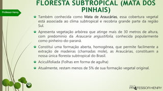 Também conhecida como Mata de Araucárias, essa cobertura vegetal
está associada ao clima subtropical e recobria grande parte da região
Sul.
Apresenta vegetação arbórea que atinge mais de 30 metros de altura,
com predomínio da Araucaria angustifolia, conhecida popularmente
como pinheiro-do-paraná.
Constitui uma formação aberta, homogênea, que permite facilmente a
extração de madeiras (chamadas mole), as Araucárias, constituem a
nossa única floresta subtropical do Brasil.
Aciculifoliada (Folhas em forma de agulha)
Atualmente, restam menos de 5% de sua formação vegetal original.
Professor Henry
 