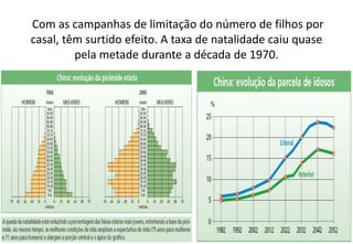 Com as campanhas de limitação do número de filhos por
casal, têm surtido efeito. A taxa de natalidade caiu quase
pela metade durante a década de 1970.
 