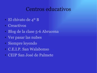 Centros educativos El chivato de 4º B Creactivos Blog de la clase 5-6  Abrucena Ver pasar las nubes Siempre leyendo C.E.I.P. San  Walabonso CEIP San José de  Palmete 