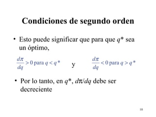 Condiciones de segundo orden Esto puede significar que para que  q * sea un óptimo,  y Por lo tanto, en  q *,  d  / dq  debe ser decreciente 